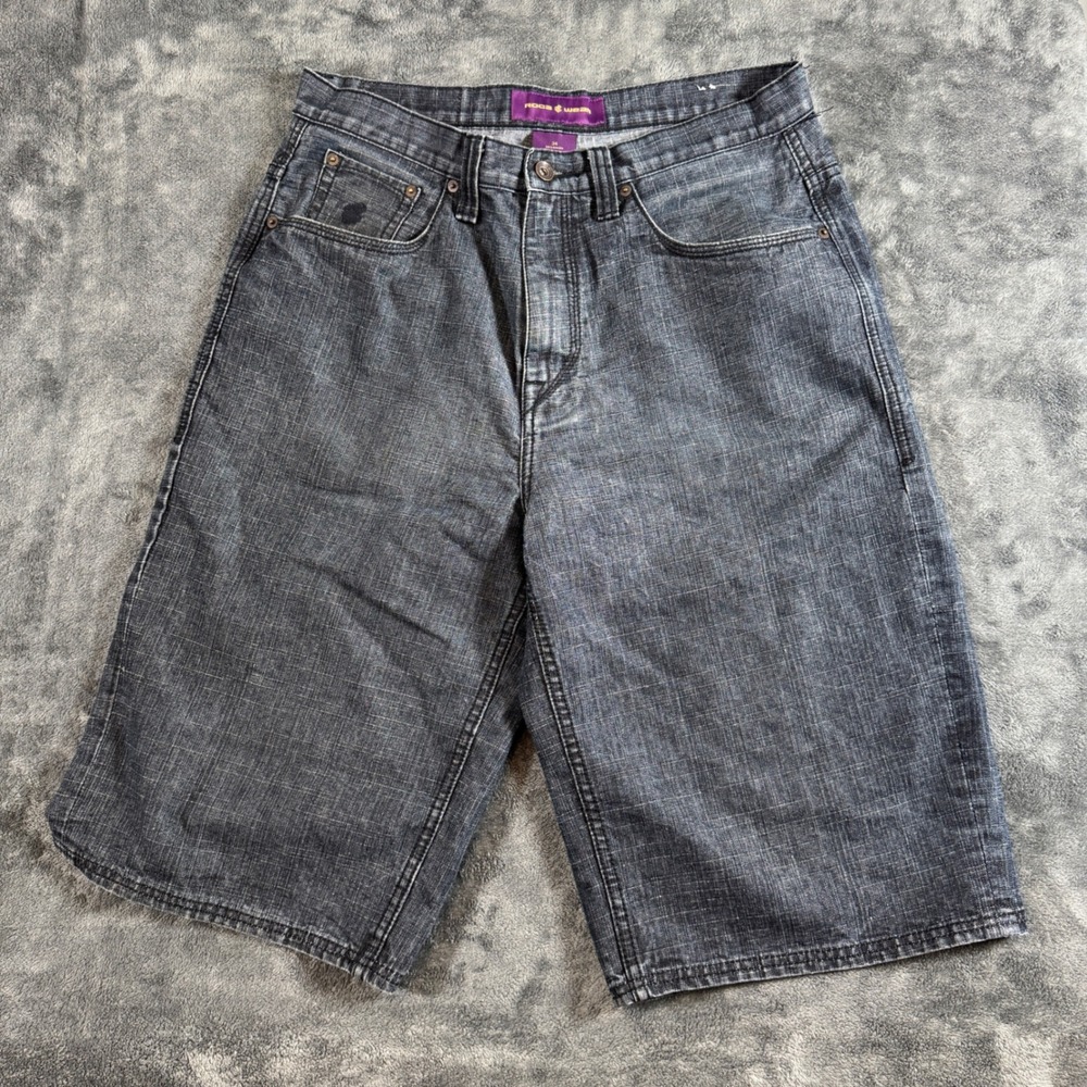 Y2K Rocawear Mens Denim Shorts 34 Grey Crosshatch Relaxed Fit Embroidered Logo R